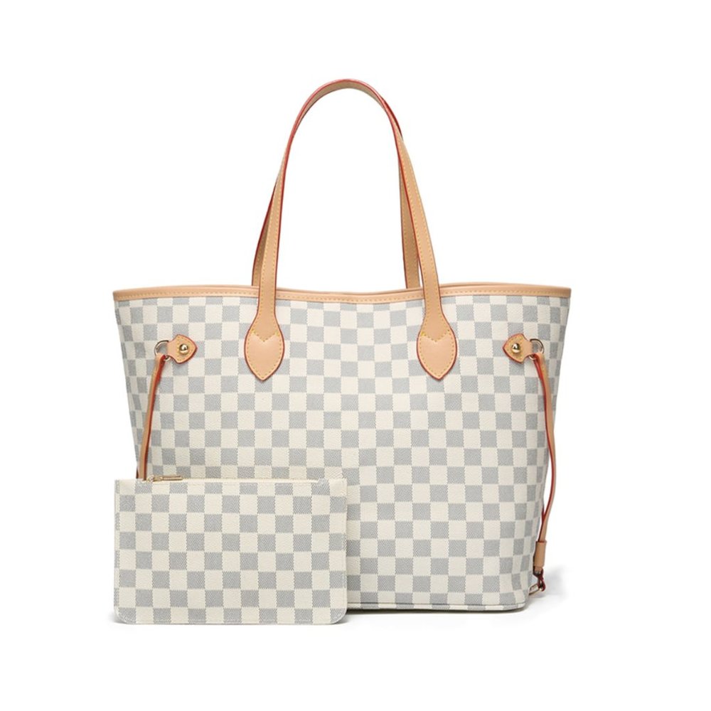 Womens Checkered Tote Shoulder Bag with inner pouch - PU Vegan Leather